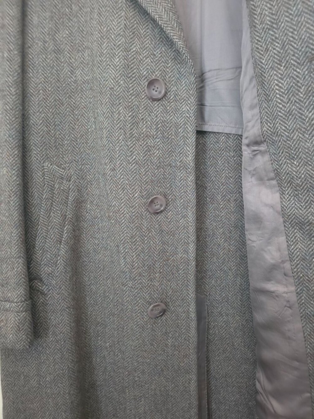 Vintage Sony Studios Wardrobe x STANLEY Gray Herringbone Wool Overcoat Sz 40 - Picture 3 of 11